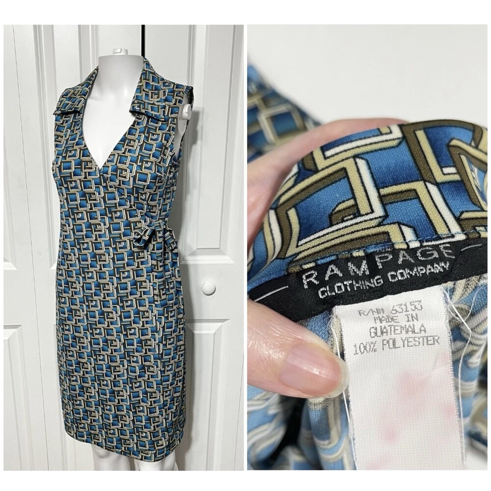 Vintage 90s Rampage Dress Y2K Womens Small Blue Geometric Collar Sleeveless Wrap